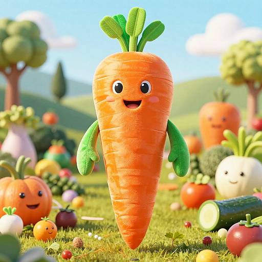 Photorealistic CGI of a cheerful, anthropomorphic orange carrot with green leaves and arms, standing in a colorful vegetable garden.