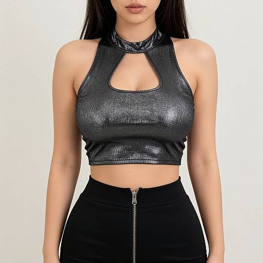 Photograph of a woman with long black hair, wearing a shiny black halter crop top with cut-out and black high-waist skirt with zipper