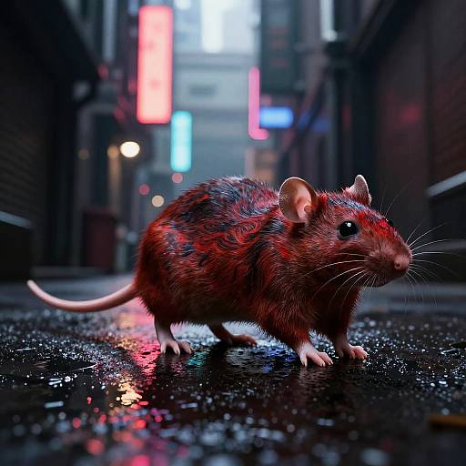 Photorealistic CGI of a red, wet rat with glossy fur standing on a glistening, neon-lit urban alleyway at night.