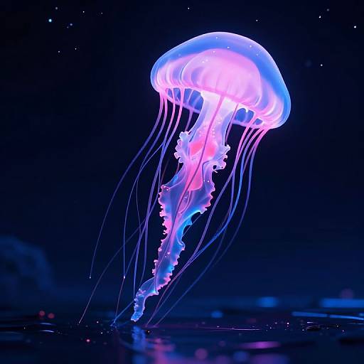 Photograph of a glowing, vibrant blue and pink jellyfish with translucent tentacles floating in a dark, starlit ocean background.