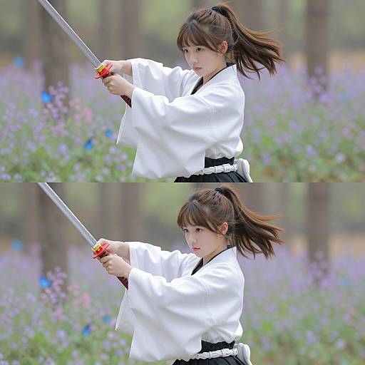 Young Asian Woman Practicing Kendo in Wildflower Forest
