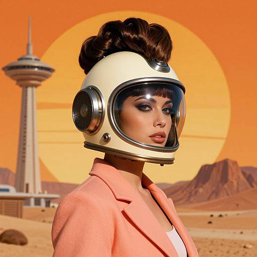 Photorealistic digital art of a woman with 1960s-style hair in a cream helmet and pink jacket, against an orange desert sunset with a
