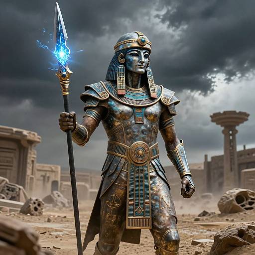Digital artwork of an ancient Egyptian warrior in metallic armor holding a glowing blue spear, standing in a ruined desert city under a stormy sky.