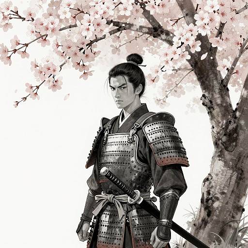 Digital illustration of a stern, samurai warrior in traditional armor standing beneath cherry blossom tree, holding a sword, monochromatic with pink blossoms.