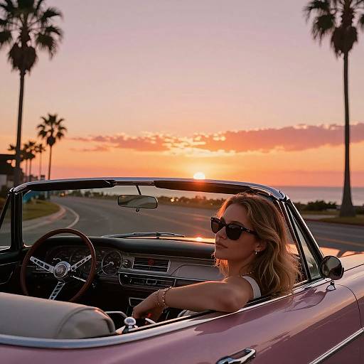 Photograph of a blonde woman in sunglasses driving a pink convertible at sunset, with palm trees and an orange sky in the background.