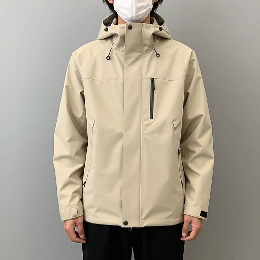 Photograph of a person wearing a beige hooded jacket with black zipper and pockets, black pants, and a white mask, against a plain gray background