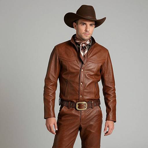 Photograph of a handsome man in brown leather cowboy outfit, black hat, white patterned scarf, black belt with brass buckle, standing against light blue