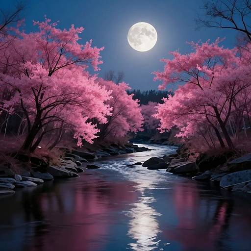 Photograph-style digital art of a serene moonlit river flanked by vibrant pink cherry blossom trees, reflecting on the calm water under a glowing full moon