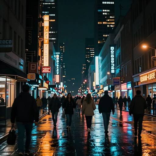 Photograph of a neon-lit, rainy city street at night, with silhouetted pedestrians walking on wet pavement, surrounded by brightly lit,
