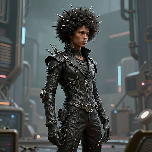 Digital artwork of a fierce Black woman with an afro and spiked hair, wearing a black leather, spiked-shoulder outfit in a futuristic, neon