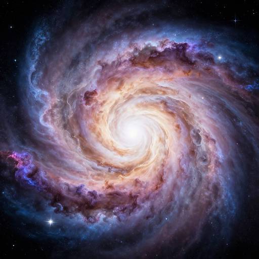 Photograph of a bright, swirling spiral galaxy with vibrant blue, purple, and white clouds of gas and dust in a star-studded dark space.