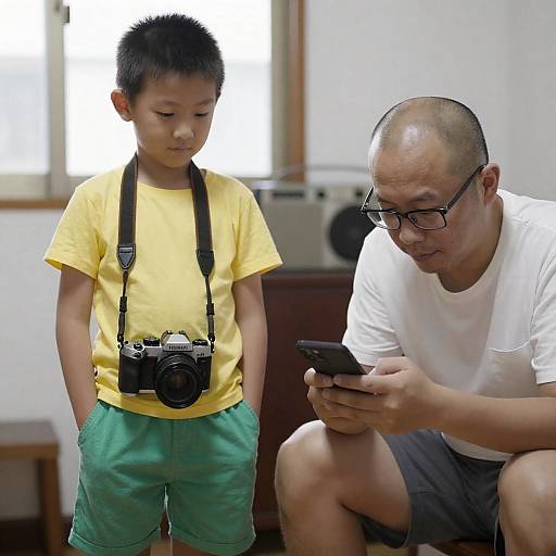 Asian Father and Son Indoors with Camera and Phone