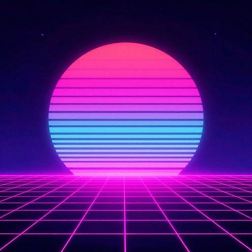 Digital artwork of a neon pink and blue sun set against a dark grid background, with glowing lines extending to the horizon. Retro, vibrant, 80