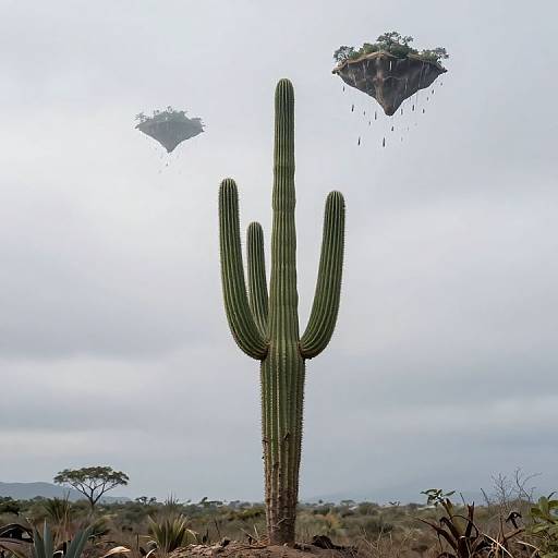 Photograph of a tall, green saguaro cactus with multiple arms, set against a cloudy sky, with two floating, island-like tree structures