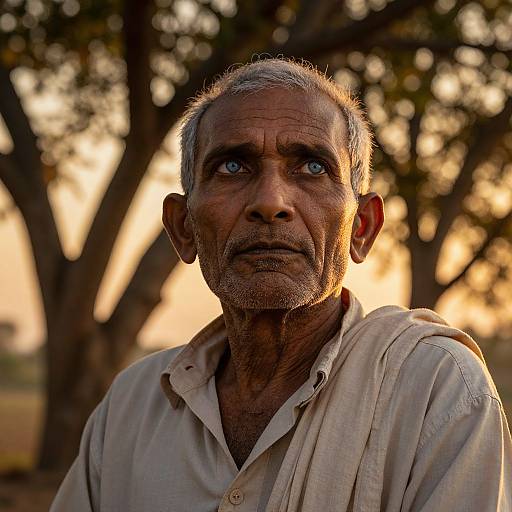 Photograph of an elderly Indian man with deep wrinkles, gray hair, and intense blue eyes, wearing a light beige shirt, standing against a sunset background