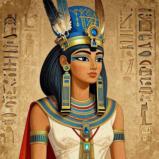 Digital illustration of an ancient Egyptian woman with blue hair, wearing a royal headdress, detailed jewelry, and a white dress, against a textured background with
