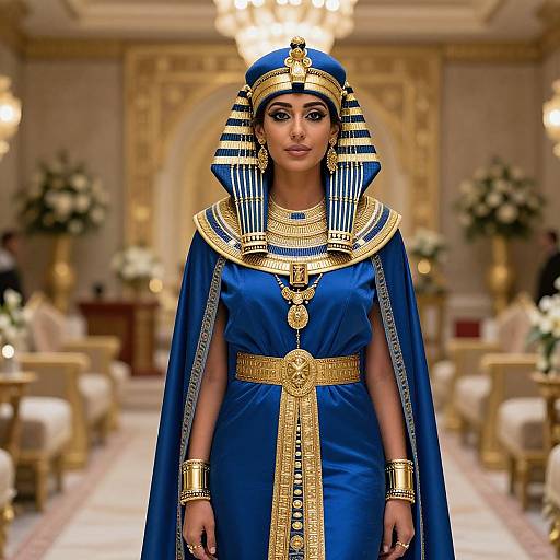 Photograph of a woman in an ancient Egyptian-inspired outfit, wearing a blue dress, gold accessories, striped headdress, and regal headpiece,