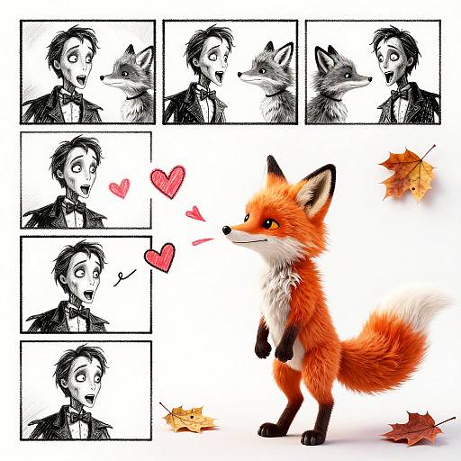 Comic-style drawing: Black-and-white sketches of man surprised by fox, transitioning to vibrant, realistic fox with hearts, autumn leaves.