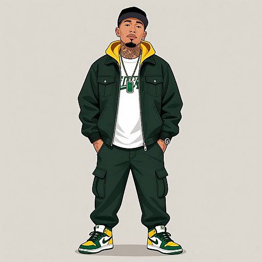 Digital illustration of a young Black man with short hair, wearing a black jacket, yellow hoodie, white shirt, black pants, and yellow and black sneakers