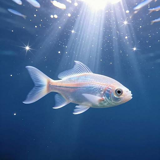 Photograph of a silver fish with pinkish-orange stripes swimming in deep blue ocean water, illuminated by bright sunlight rays and surrounded by sparkling bubbles.