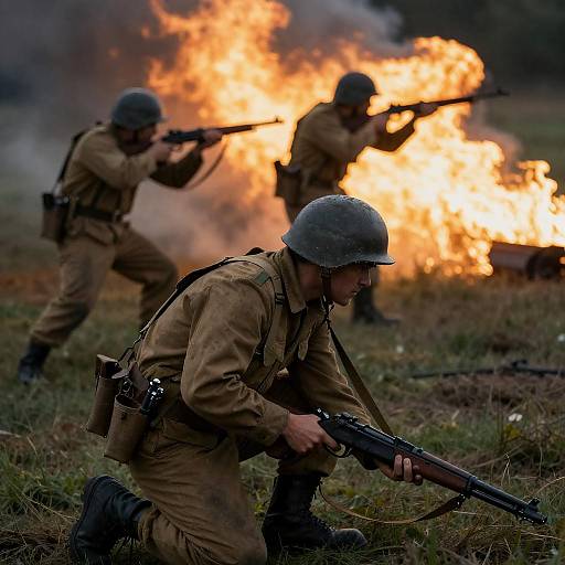 Intense War Scene with Soldiers and Flames