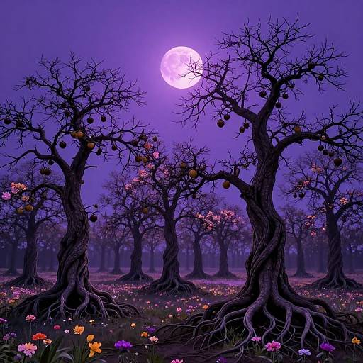 Digital art of a mystical forest at night, featuring gnarled, leafless trees with hanging fruits, vibrant flowers, and a glowing full moon in