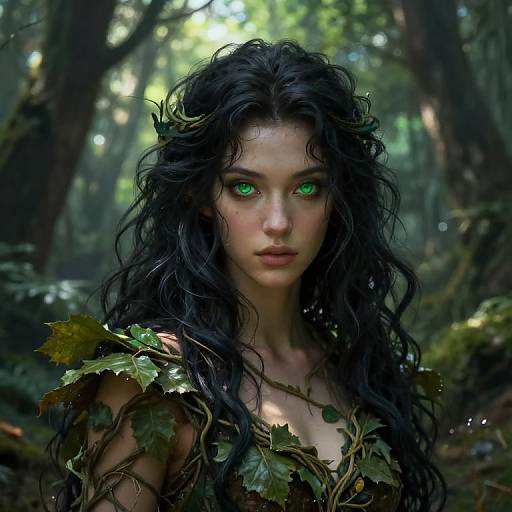 Photorealistic digital art of a mysterious woman with long, dark, wavy hair, glowing green eyes, and leaves adorning her shoulders in a