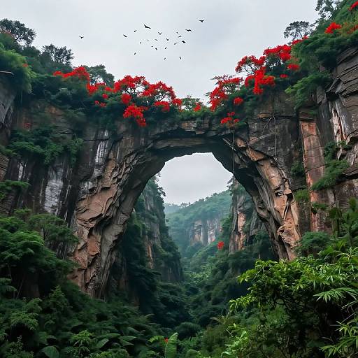 Photograph of a natural rock archway adorned with vibrant red flowers, surrounded by lush green foliage and towering cliffs under a cloudy sky. Birds fly above