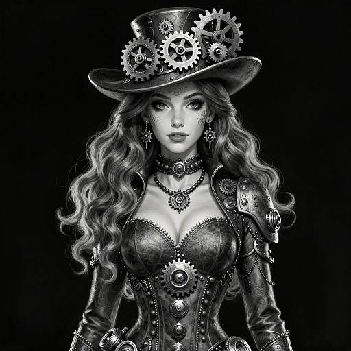 Black-and-white digital drawing of a steampunk woman with long wavy hair, top hat adorned with gears, intricate corset, and jewelry,