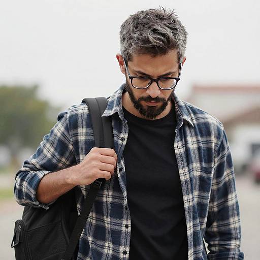 Bearded Man in Plaid Shirt Outdoors