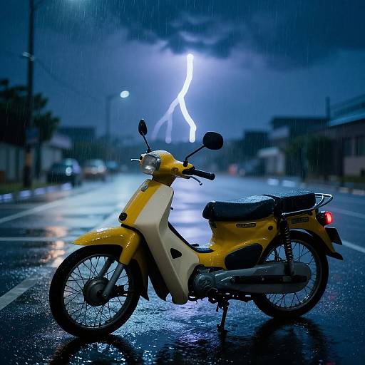 Photograph of a yellow scooter in the rain, with a bright lightning bolt illuminating a dark, wet, urban street at night.