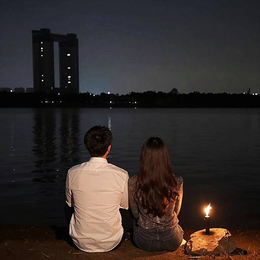 Photograph of a couple sitting by a nighttime lake, back to the camera, with a lit candle and city skyline. Man wears white shirt, woman