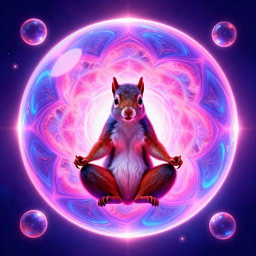 Digital artwork of a centered, vibrant red-brown squirrel meditating within a glowing, swirling pink and blue cosmic sphere, surrounded by four floating bubbles.