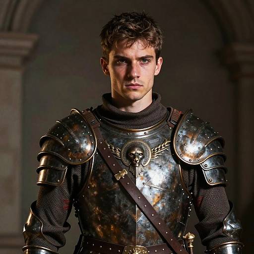 Photograph of a young man with short brown hair, wearing shiny medieval silver armor with a winged emblem, standing in a dimly lit, stone