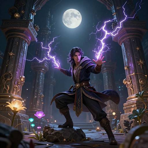 Digital fantasy artwork: Dark-haired mage with purple lightning in both hands, wearing ornate dark robes, crouches under full moon in ancient, illuminated