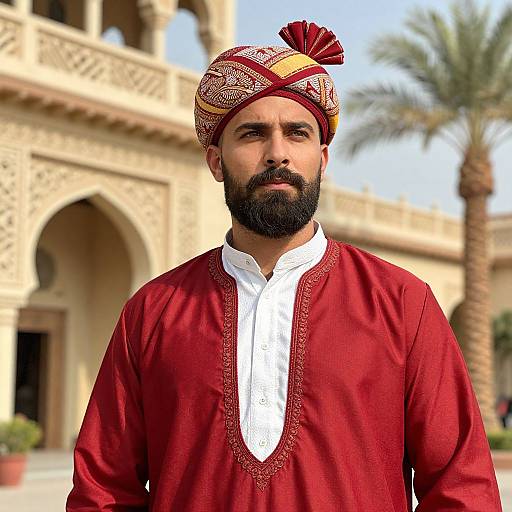 Photograph of a bearded Middle Eastern man with dark skin, wearing a red embroidered kurta, white shirt, and patterned red and yellow tur