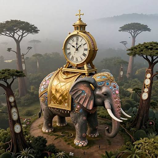 Digital art: Giant, ornate elephant with a golden clock on its back, adorned with colorful patterns, stands in a misty, lush forest.