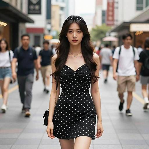 Photograph of an East Asian woman with long black hair, wearing a black polka dot dress, walking confidently on a busy urban street. Blurred