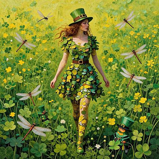 Surreal Leprechaun Woman in Clover Field