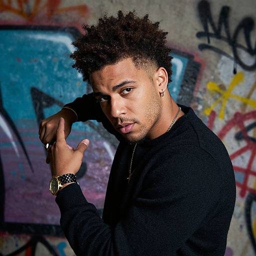 Photograph of a young Black man with short, curly hair, wearing a black long-sleeve shirt, gold chain, and wristwatch, posing