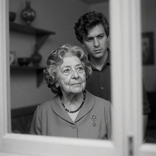 Elderly Woman Gazing Through Ornate Window