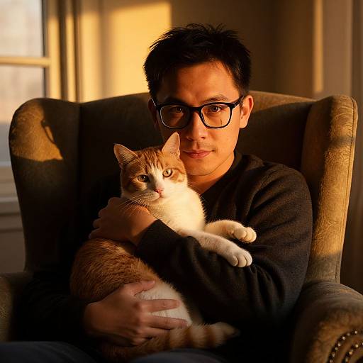 Photograph of a man with dark hair and glasses, wearing a black sweater, holding a white and orange tabby cat on a sunlit armchair