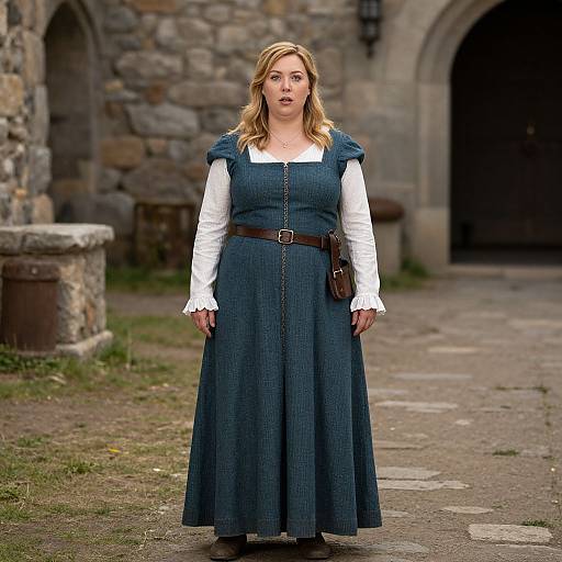 Photograph of a blonde woman with wavy hair, wearing a blue pinafore dress over a white blouse, standing in a stone courtyard. Background