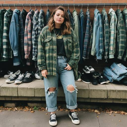 Woman in 90s Grunge Outfit with Plaid Flannel Shirt