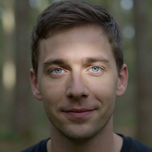 Photograph of a young man with short brown hair, blue eyes, light stubble, and a subtle smile, set against a blurred forest background.