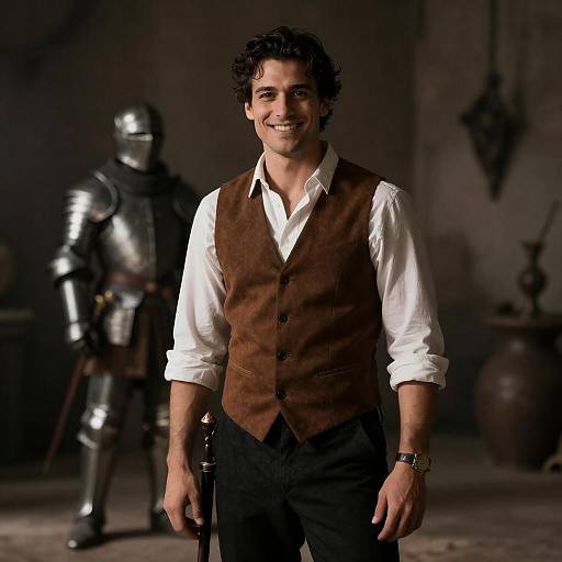 Confident Man in Rustic Medieval Setting