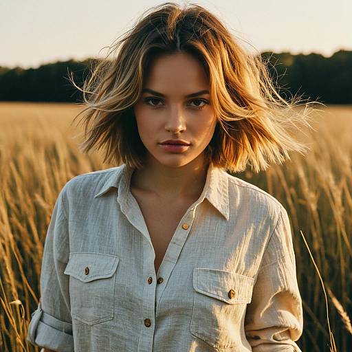 Tousled Bob Hairstyle Fashion Model in Field