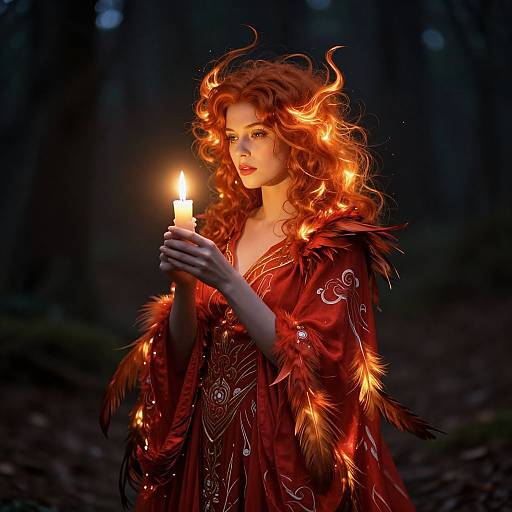 Photograph of a fair-skinned woman with fiery red, curly hair, wearing a glowing red, feathered cloak, holding a lit candle in a