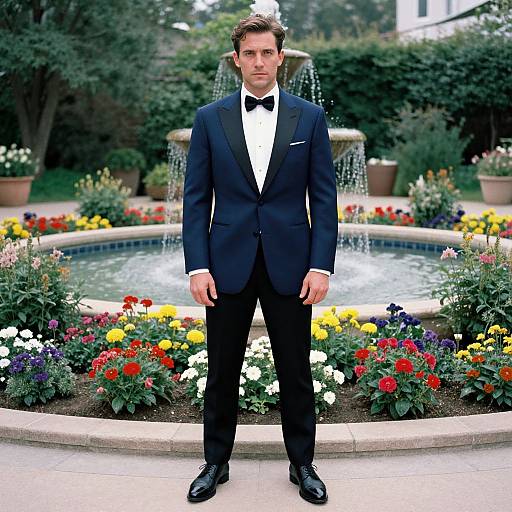 Photograph of a young man in a black tuxedo with bow tie, standing in a colorful garden with a fountain, surrounded by vibrant flowers.