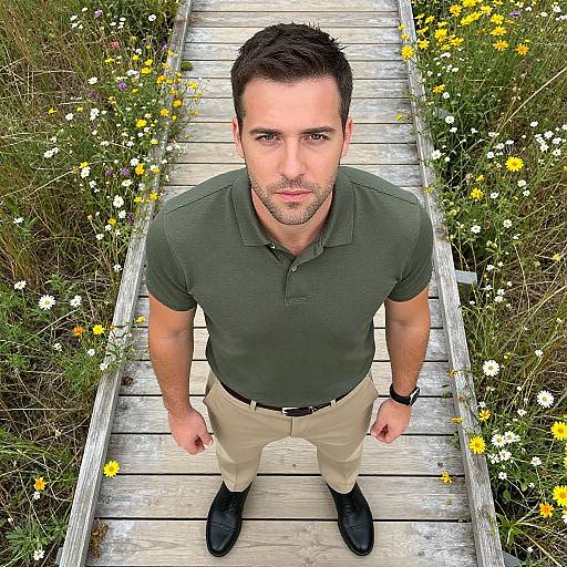 Man on Floral Boardwalk Overhead View
